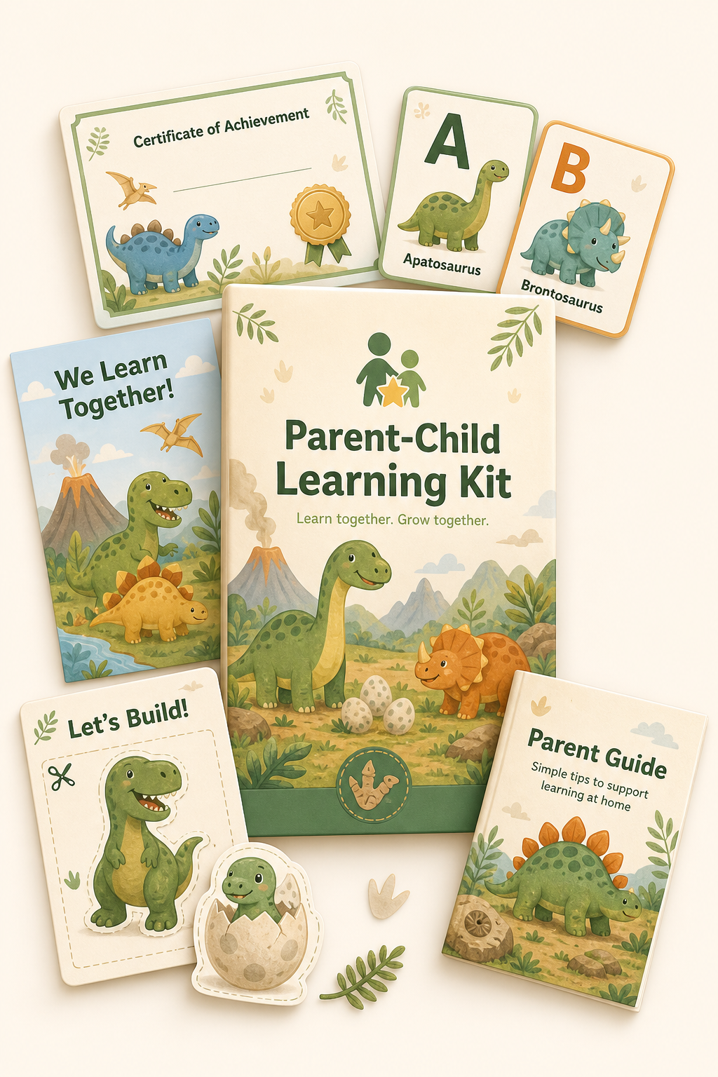 Example dinosaur-themed Parent-Child Learning Kit collage with a certificate, flashcards, poster, cut-and-play sheet, and parent guide