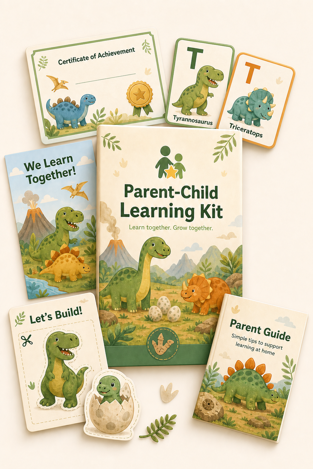 Example dinosaur-themed Parent-Child Learning Kit collage with a certificate, flashcards, poster, cut-and-play sheet, and parent guide